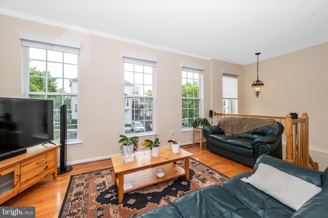 living area with light wood-type flooring, crown molding, and baseboards
