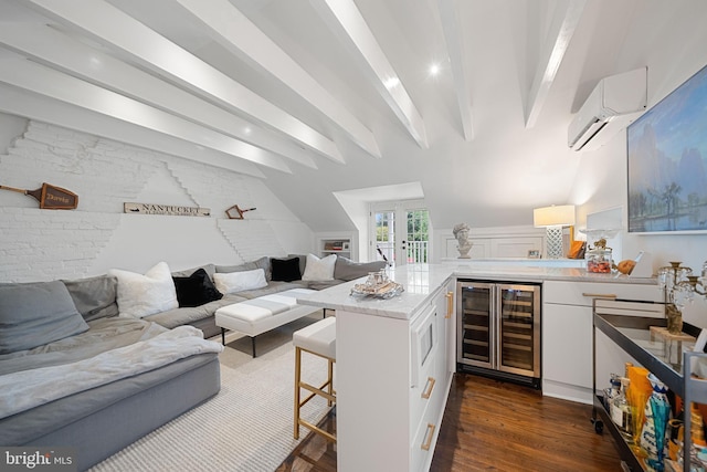 109 Duke St, Alexandria, VA 22314 - living room featuring beverage cooler, an AC wall unit, dark wood finished floors, beam ceiling, and bar
