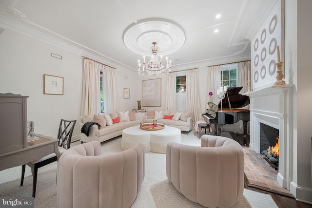 109 Duke St, Alexandria, VA 22314 - living room with ornamental molding, a chandelier, recessed lighting, and a warm lit fireplace