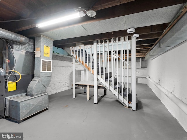 416 Middlesex St, Gloucester City, NJ 08030 - unfinished basement featuring stairs, visible vents, and heating unit