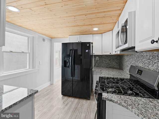 416 Middlesex St, Gloucester City, NJ 08030 - kitchen with white cabinets, black fridge, stainless steel gas range, and wooden ceiling