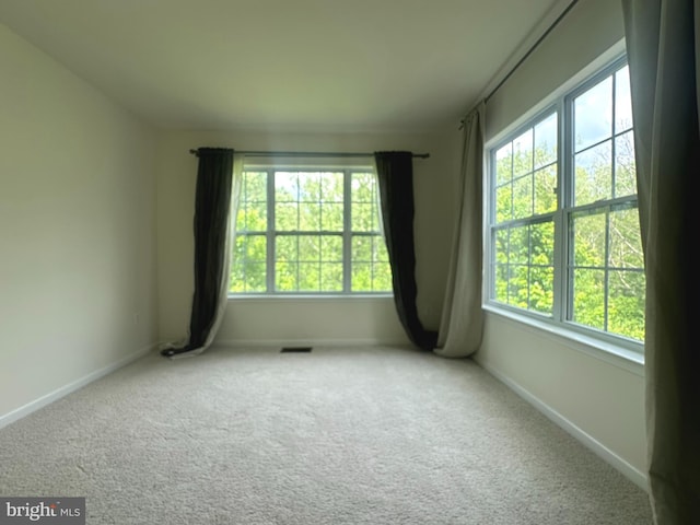 unfurnished room featuring healthy amount of natural light, carpet, and baseboards