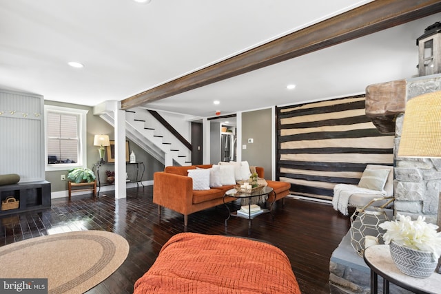 living room featuring recessed lighting, stairs, baseboards, and hardwood / wood-style flooring