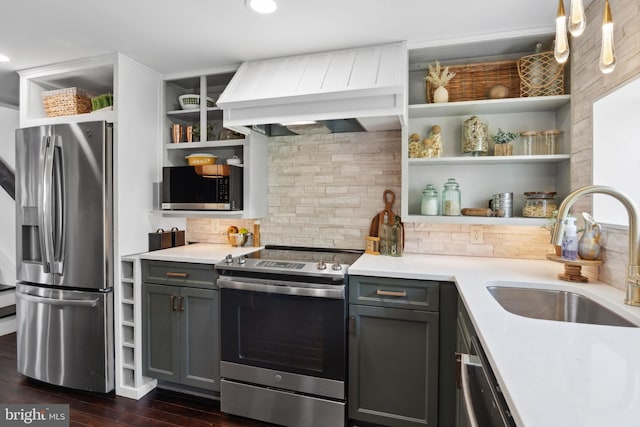 kitchen featuring open shelves, appliances with stainless steel finishes, a sink, gray cabinets, and decorative backsplash