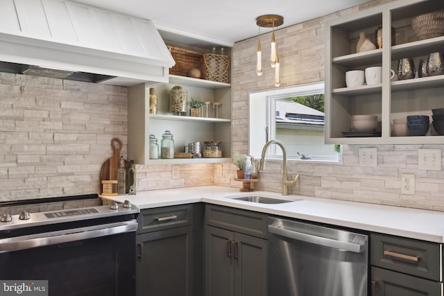 interior space featuring stainless steel appliances, a sink, premium range hood, and tasteful backsplash