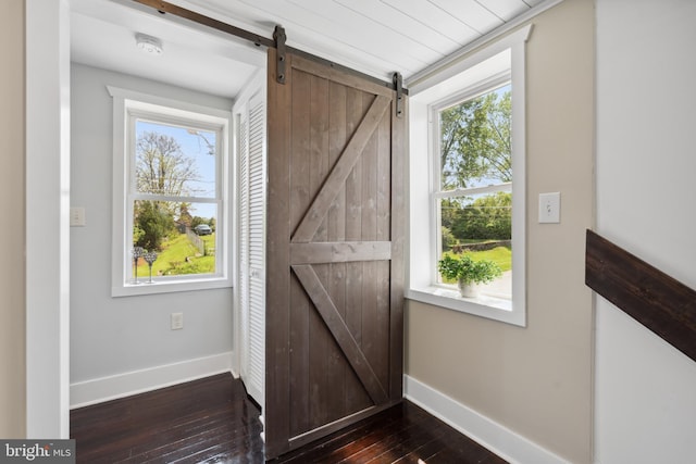 doorway to outside featuring a healthy amount of sunlight, dark wood finished floors, and a barn door