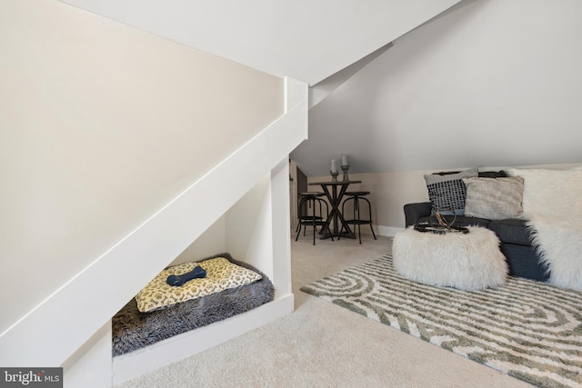 bedroom with carpet floors and lofted ceiling