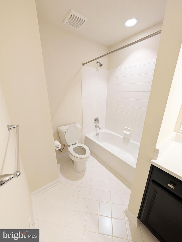bathroom featuring visible vents, tub / shower combination, toilet, baseboards, and tile patterned floors