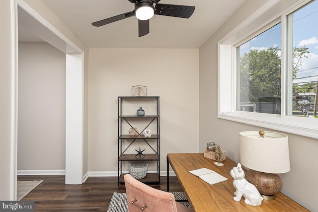 office with baseboards, dark wood finished floors, and ceiling fan