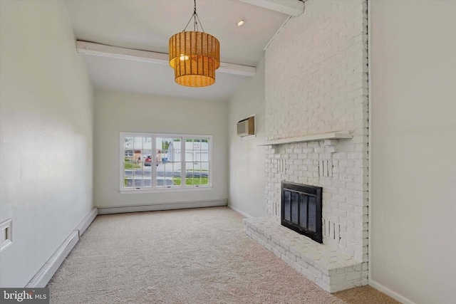 unfurnished living room with baseboard heating, a wall mounted AC, a brick fireplace, beam ceiling, and carpet floors