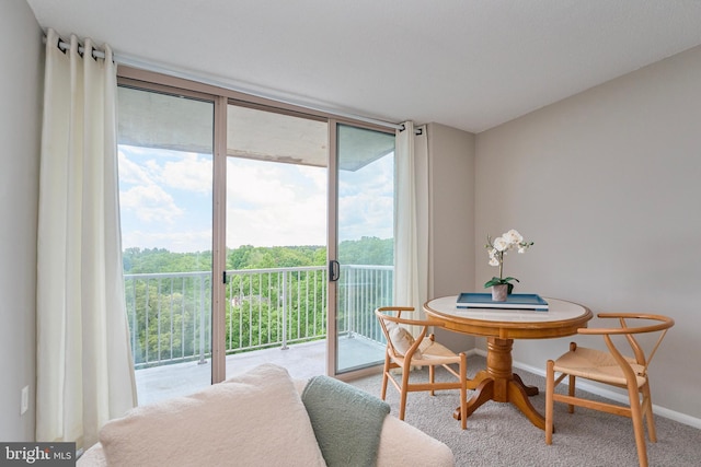 dining area with baseboards, carpet floors, and a wall of windows