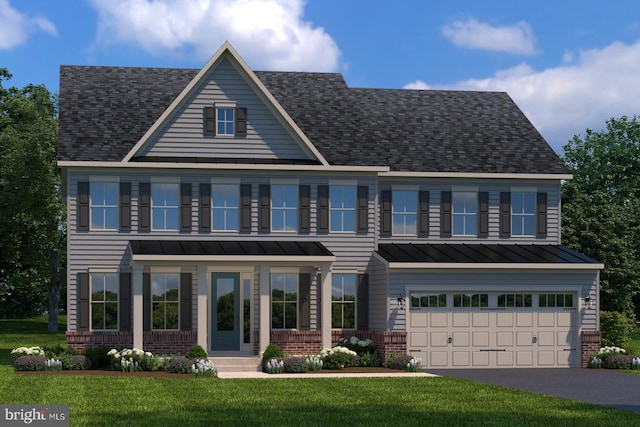 view of front facade featuring a front lawn, brick siding, a garage, a standing seam roof, and metal roof