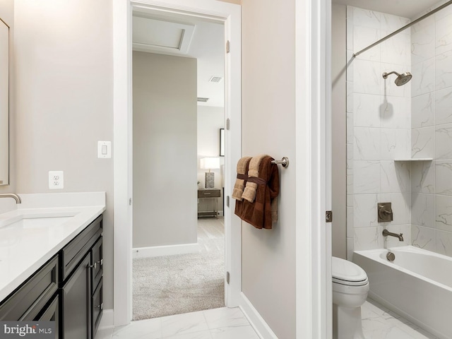 full bath with toilet, baseboards, marble finish floor, and vanity