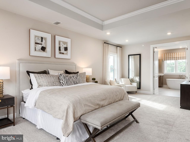 bedroom with recessed lighting, visible vents, ornamental molding, and light carpet