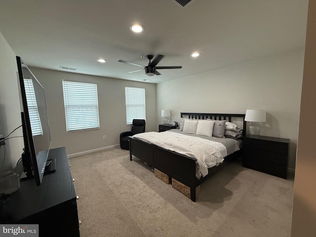 carpeted bedroom featuring visible vents, recessed lighting, baseboards, and ceiling fan