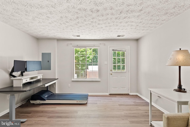 8337 Wind Fall Rd, Springfield, VA 22153 - home office featuring electric panel, wood finished floors, a textured ceiling, and baseboards
