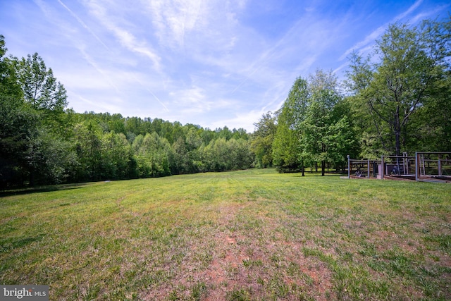 view of grassy yard featuring a view of trees