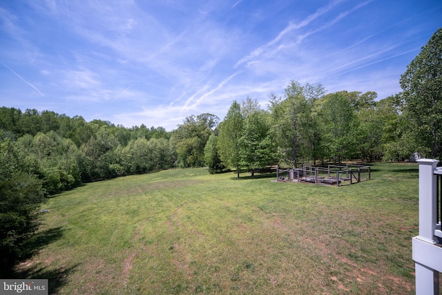 view of green lawn featuring a forest view