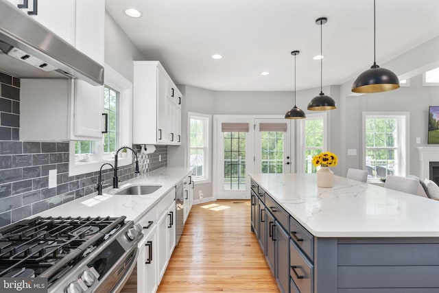 kitchen with under cabinet range hood, stainless steel appliances, a sink, light wood-style floors, and white cabinets