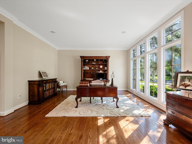 office area featuring wood finished floors, baseboards, and ornamental molding