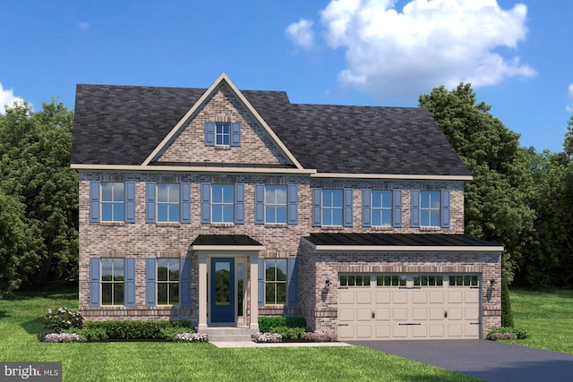 view of front of home with brick siding, a garage, and a front lawn
