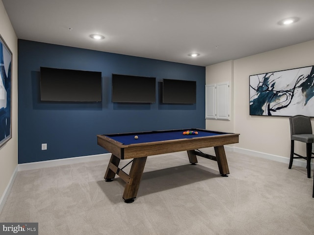 playroom with pool table, baseboards, recessed lighting, and light colored carpet