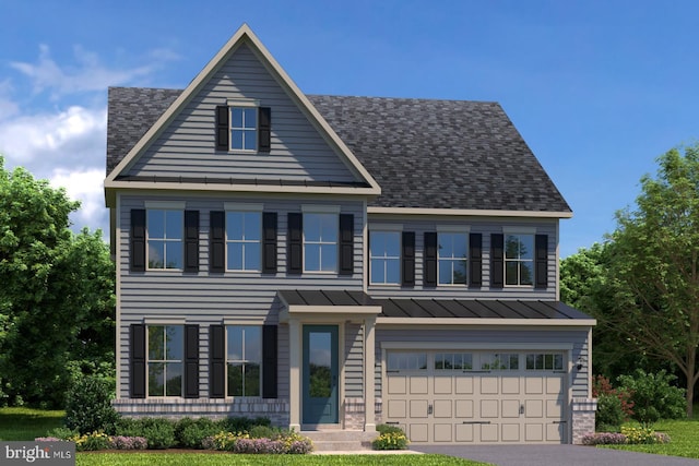 view of front facade with a standing seam roof, driveway, and metal roof