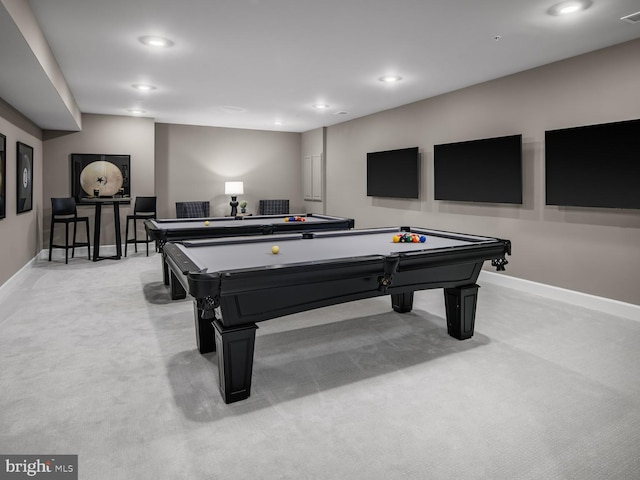 recreation room featuring visible vents, baseboards, billiards, recessed lighting, and carpet flooring