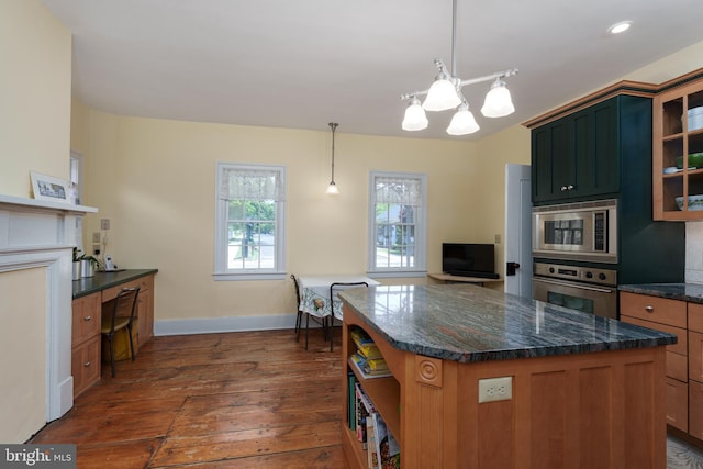77 N Main St, Cranbury, NJ 08512 - kitchen featuring stainless steel appliances, open shelves, dark wood-style floors, a kitchen island, and a chandelier