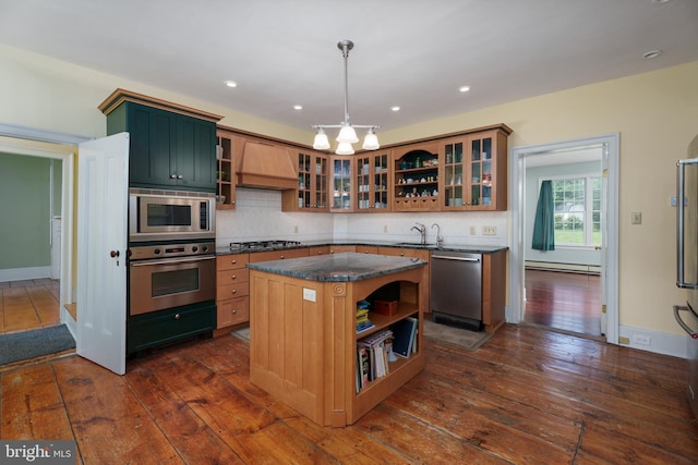 kitchen with stainless steel appliances, open shelves, custom exhaust hood, and baseboard heating