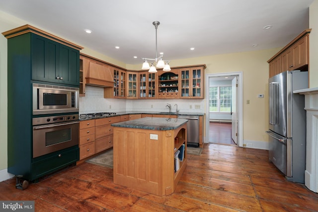 kitchen with open shelves, dark wood finished floors, a sink, premium range hood, and stainless steel appliances