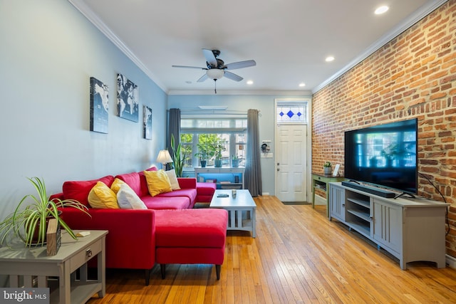 250 S Bouldin St, Baltimore, MD 21224 - living area with light wood-style floors, brick wall, a ceiling fan, recessed lighting, and ornamental molding