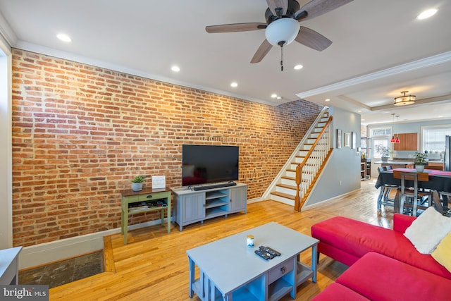 250 S Bouldin St, Baltimore, MD 21224 - living area featuring recessed lighting, baseboards, stairs, and brick wall