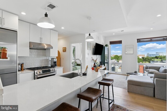 kitchen with stainless steel appliances, a sink, under cabinet range hood, open floor plan, and tasteful backsplash