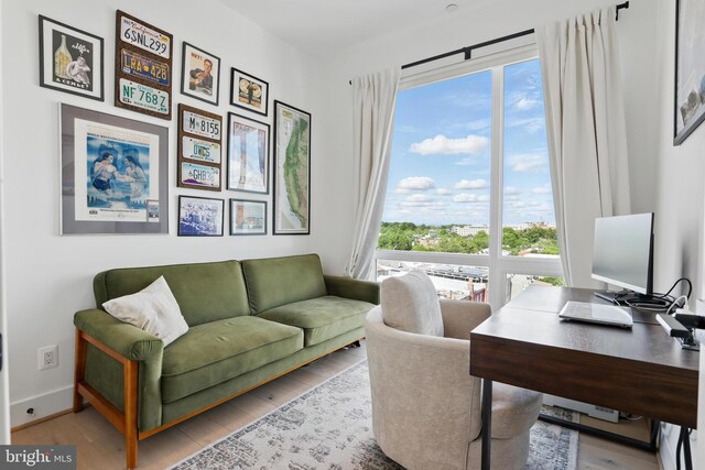 office space featuring plenty of natural light, wood finished floors, and baseboards