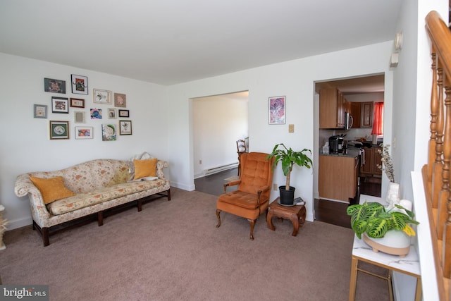 sitting room with carpet and a baseboard radiator