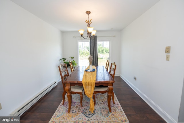 dining area featuring baseboards, a notable chandelier, wood finished floors, and baseboard heating