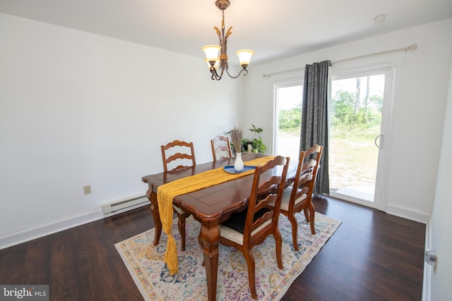 dining area featuring baseboards, baseboard heating, dark wood-style floors, and a chandelier