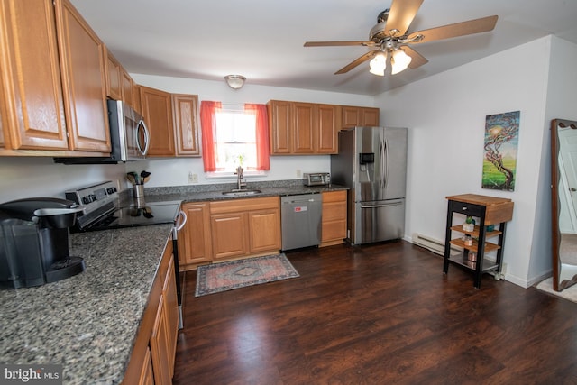 kitchen featuring a ceiling fan, a sink, dark wood-style floors, dark stone counters, and stainless steel appliances