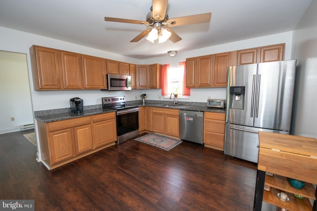 kitchen with a sink, baseboard heating, stainless steel appliances, and dark wood finished floors