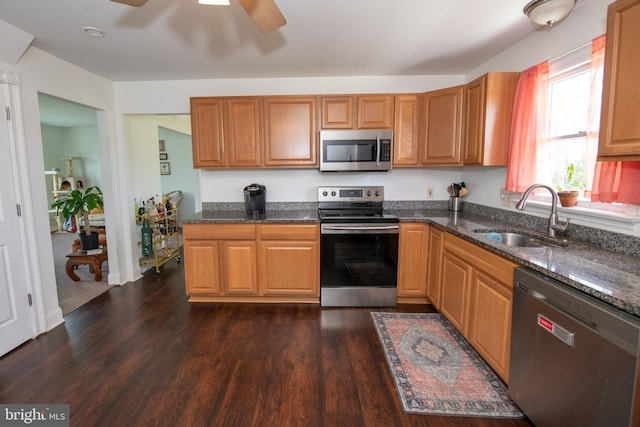 kitchen featuring dark wood-type flooring, a sink, dark stone counters, and stainless steel appliances