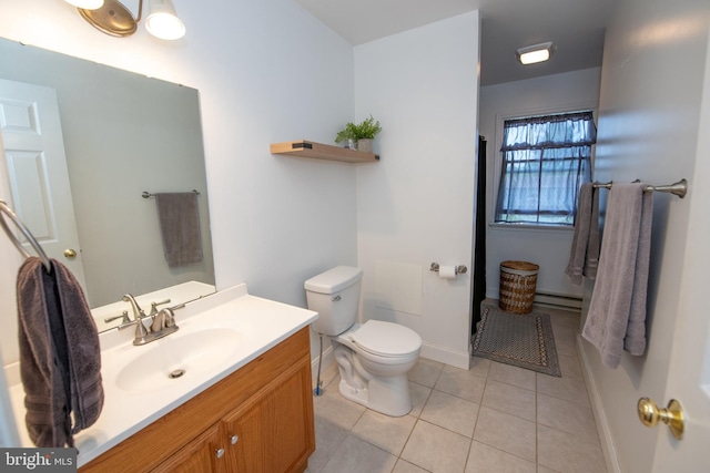 full bathroom featuring baseboard heating, tile patterned flooring, vanity, toilet, and baseboards