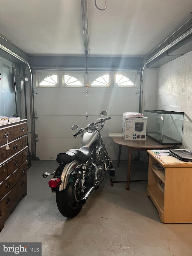 garage with concrete block wall