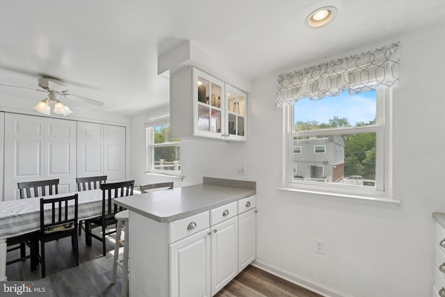11757 Dimarco Dr, Philadelphia, PA 19154 - kitchen featuring glass insert cabinets, white cabinets, dark wood-style flooring, light countertops, and recessed lighting