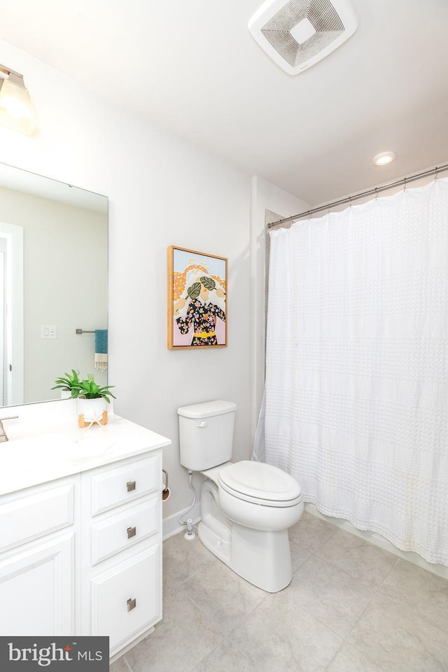28020 Dew Drop Ln, Millville, DE 19967 - bathroom with vanity, toilet, tile patterned floors, curtained shower, and visible vents