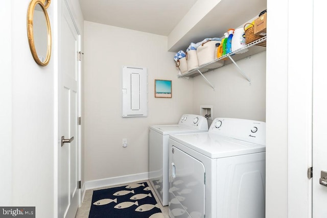 28020 Dew Drop Ln, Millville, DE 19967 - laundry room with washing machine and clothes dryer, laundry area, baseboards, and electric panel