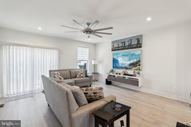1490 Meadowlark Glen Rd, Dumfries, VA 22026 - living area with a ceiling fan, light wood-style floors, recessed lighting, and baseboards
