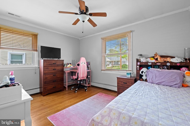 bedroom featuring ornamental molding, visible vents, a baseboard radiator, a ceiling fan, and light wood-style floors
