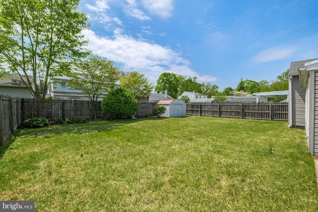 view of yard with a fenced backyard, an outbuilding, and a shed