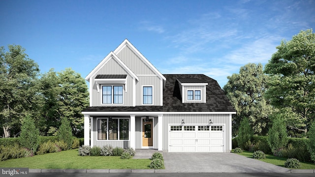 view of front facade with a front lawn, a shingled roof, board and batten siding, an attached garage, and driveway